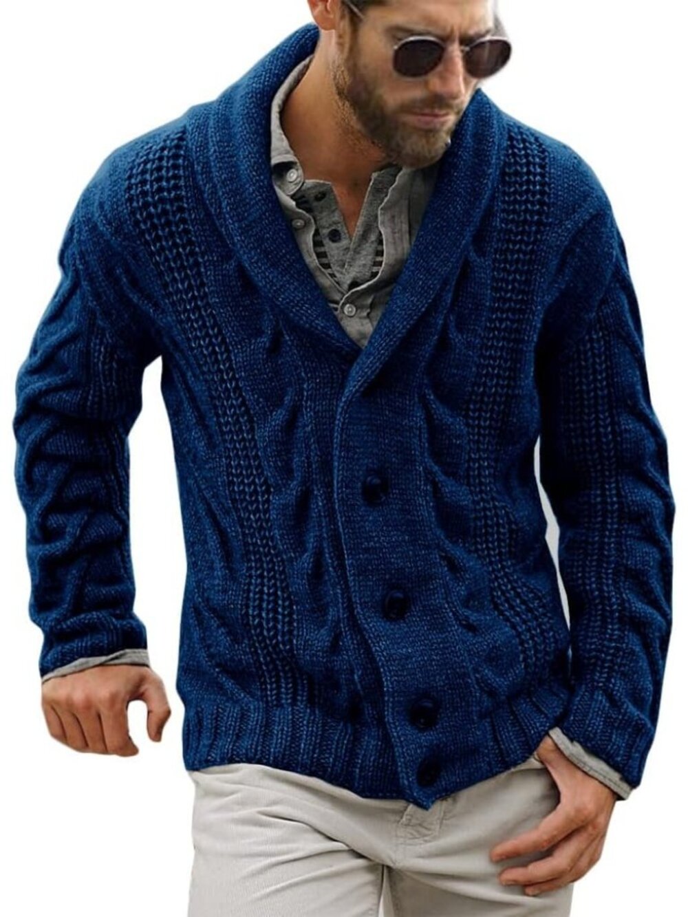 🆕Men's Navy Blue Chunky Cable Knit Cardigan Sweater Shawl Collar Button Down